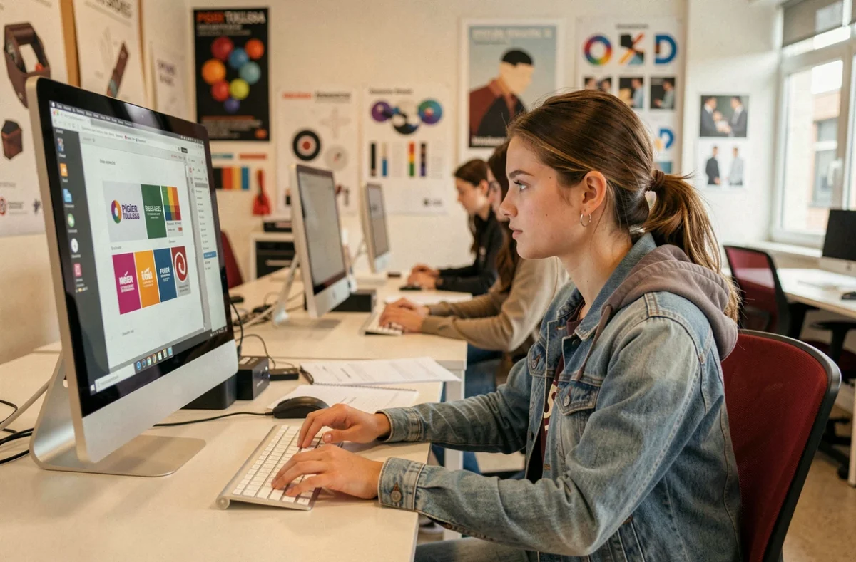 Étudiante en formation design graphique travaillant sur ordinateur à l'école Pigier Toulouse