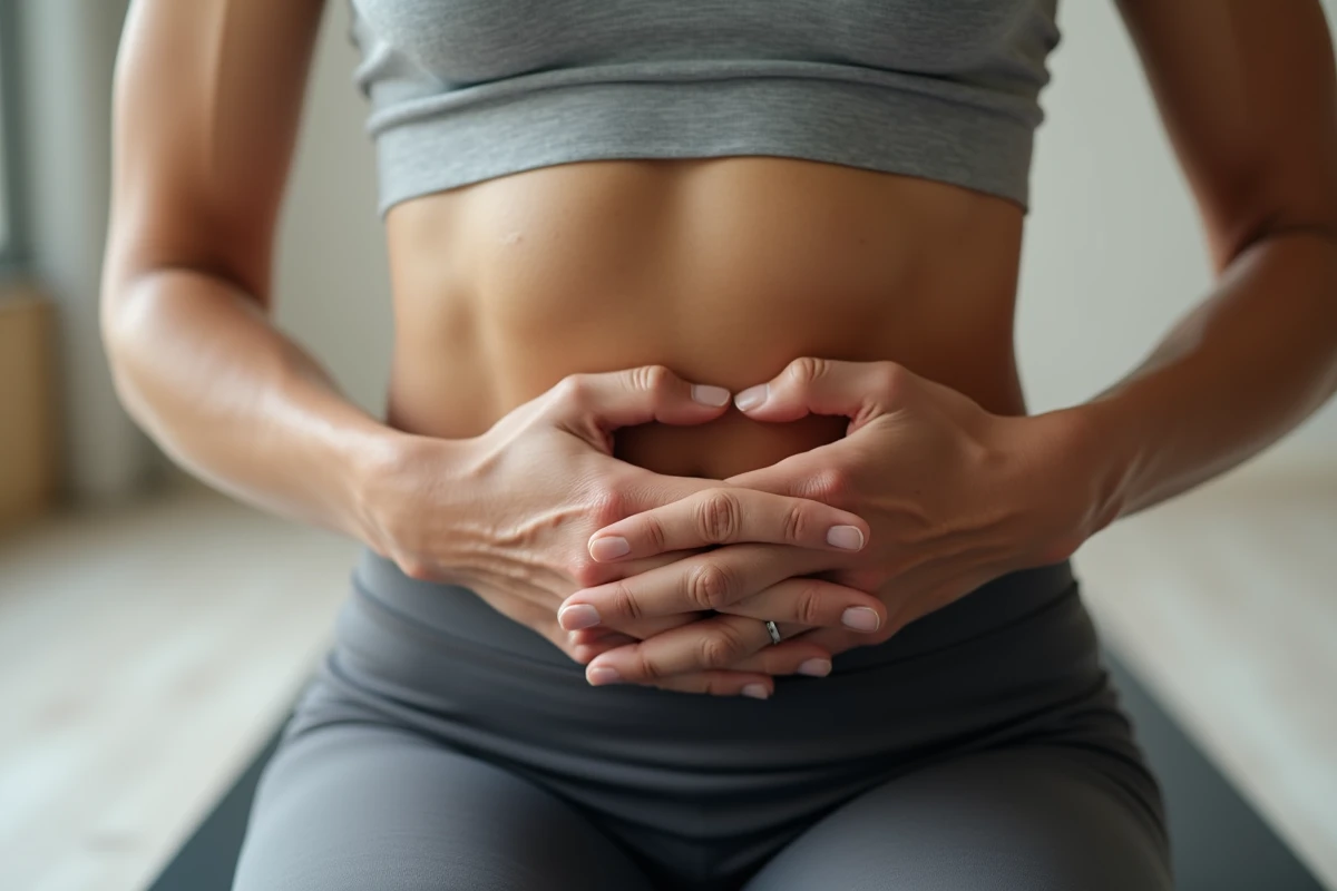 Femme de plus de 50 ans en position de pilates montrant l'engagement du gainage