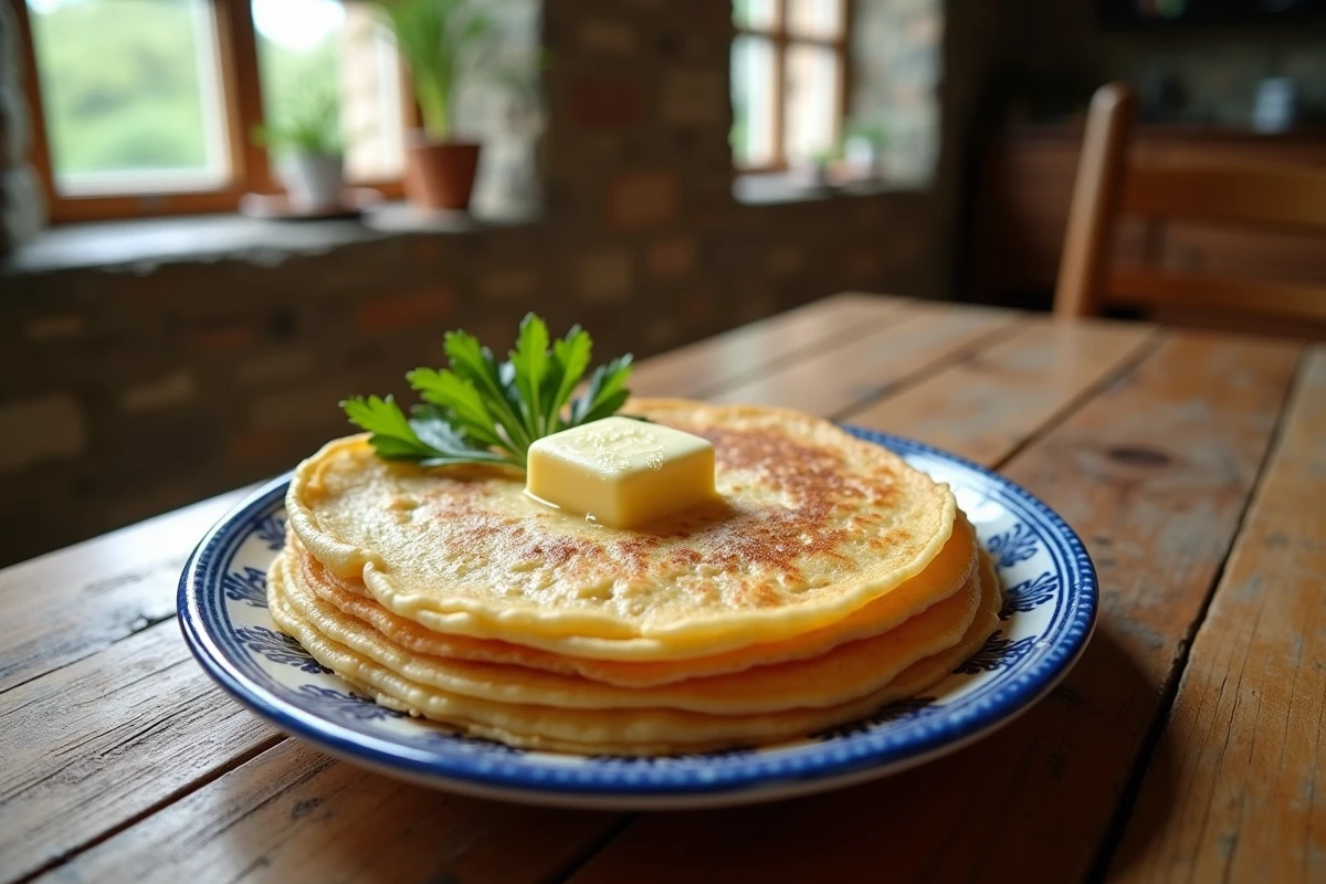 Pile de crêpes bretonnes chaudes sur assiette traditionnelle bleue et blanche avec beurre salé