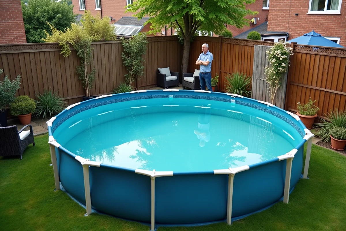 Une piscine hors-sol trop grande envahit un petit jardin résidentiel, illustrant un mauvais choix de dimensions