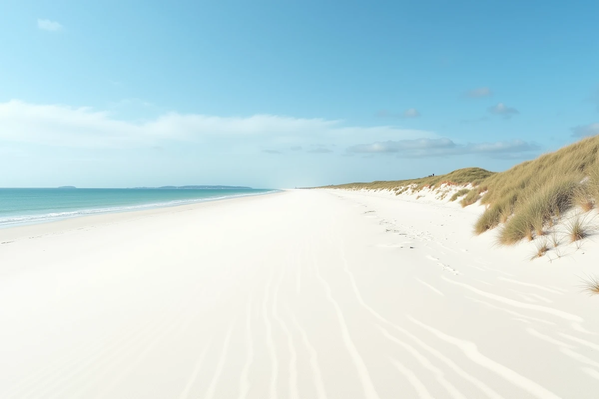 Plage des Blancs Sablons au Conquet dans le Finistère, immense étendue de sable blanc avec vue sur les îles d'Ouessant et le phare de Kermorvan