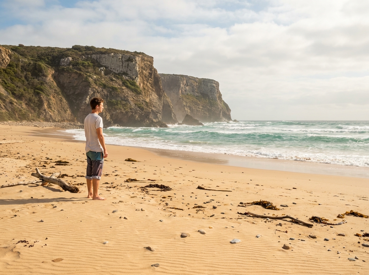 Jeune voyageur contemplant l'océan depuis une plage sauvage aux falaises spectaculaires de la côte sud-africaine