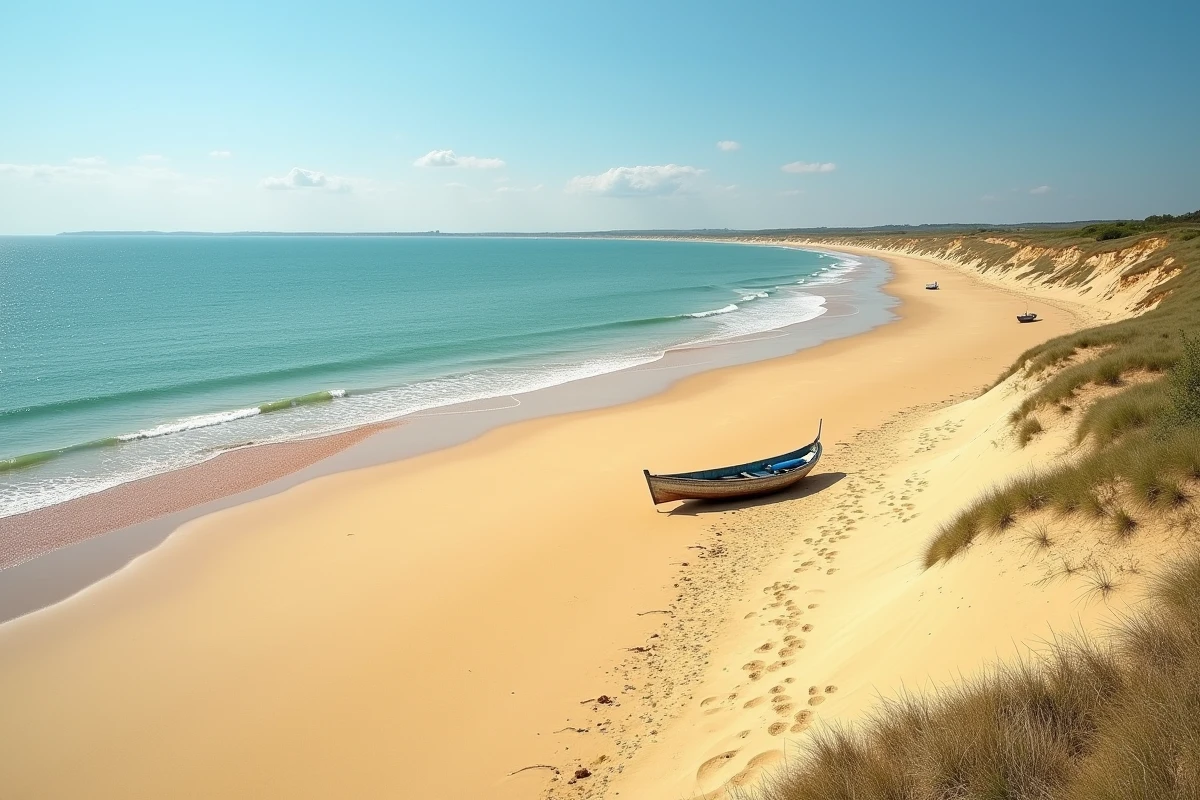 Plage des Grands Sables sur l'île de Groix dans le Morbihan, plage convexe en forme de fer à cheval avec sable doré et galets de granite rose