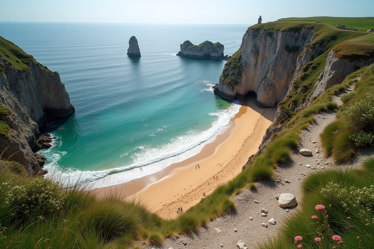 Plage de l'Île Vierge à Crozon dans le Finistère, une anse sauvage de sable doré encadrée par des falaises de granit avec vue sur l'Atlantique