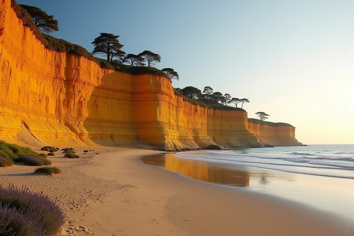 Plage de la Mine d'Or à Pénestin dans le Morbihan avec ses falaises ocre aux strates colorées en jaune et rouille dominant une plage de sable à marée basse