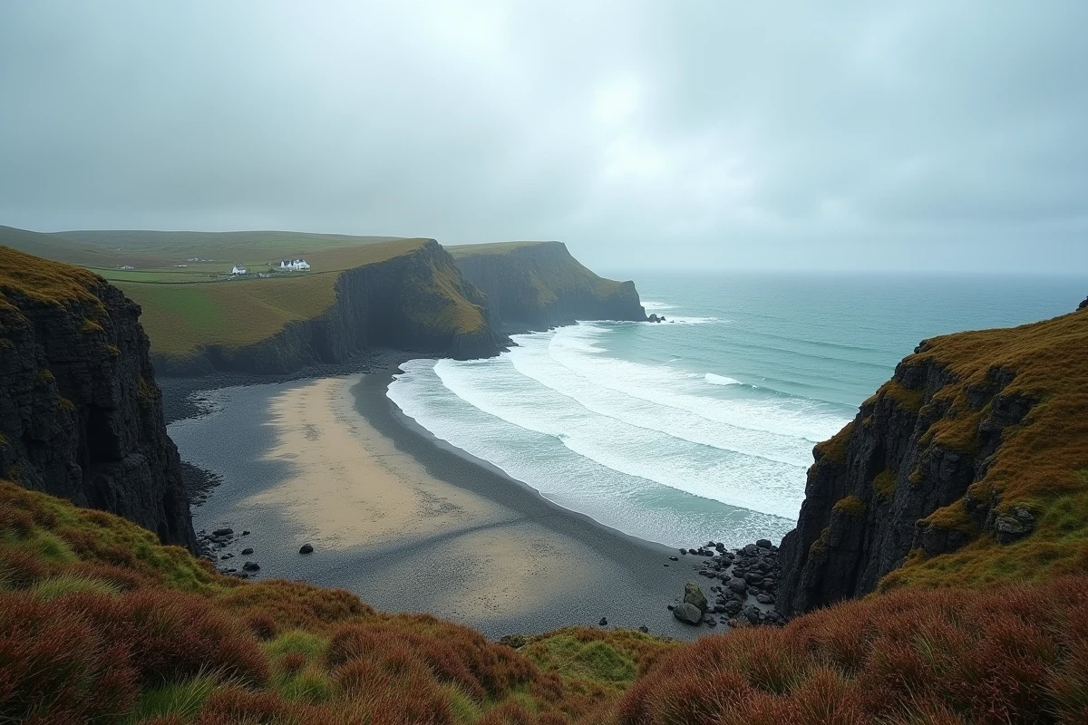 Plage de Pen Hat à Camaret-sur-Mer dans le Finistère, une baie sauvage balayée par les vents avec des falaises couvertes de lande et des vagues atlantiques