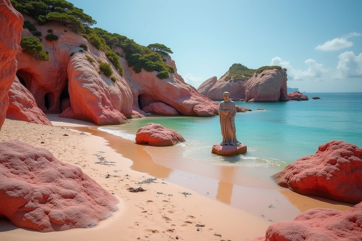 Plage de Saint-Guirec à Perros-Guirec dans les Côtes-d'Armor avec ses rochers de granite rose et l'oratoire de Saint-Guirec dans la mer à marée basse
