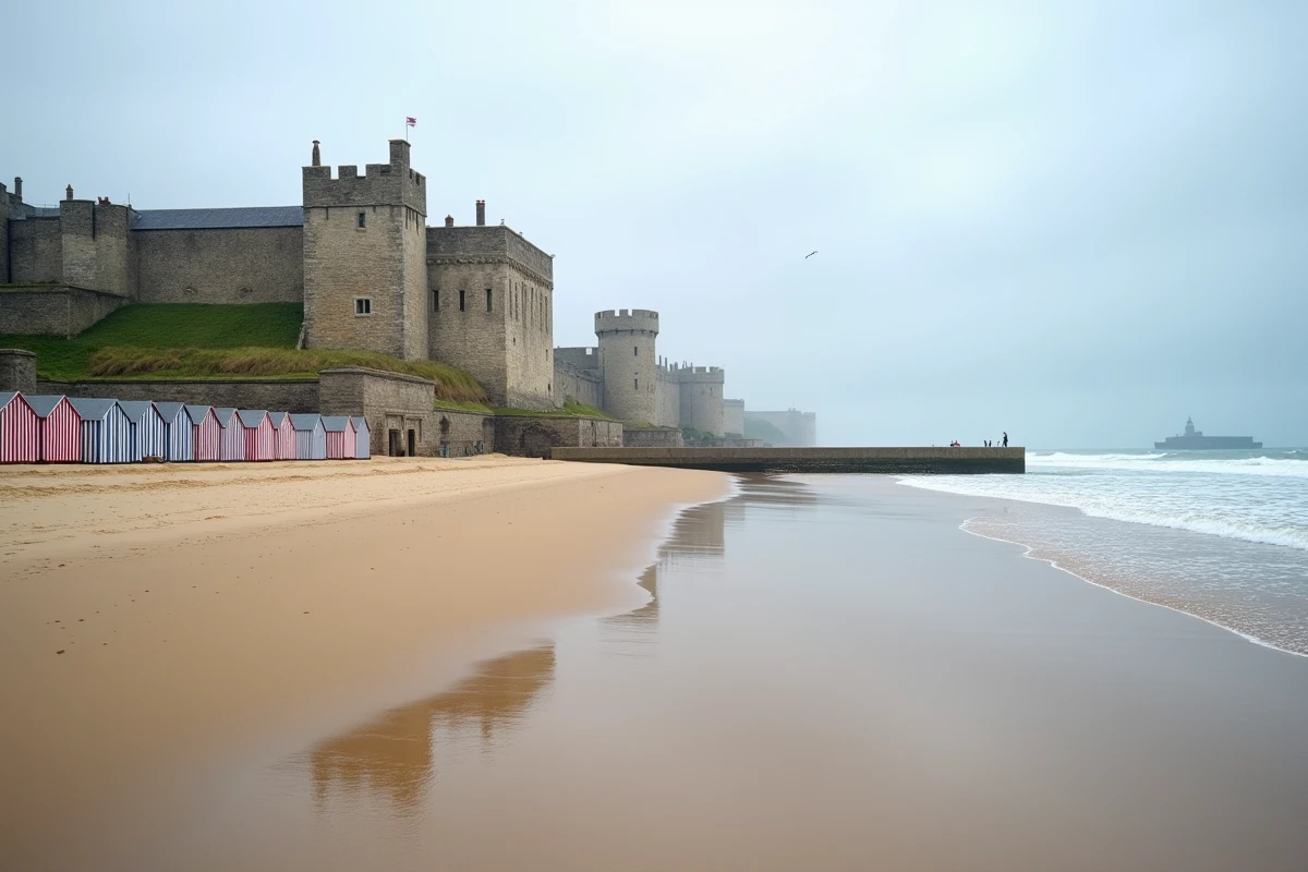 Plage du Sillon à Saint-Malo avec les remparts de la ville fortifiée en arrière-plan, sable mouillé et vagues de l'Atlantique au premier plan