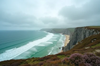 Vue panoramique d'un littoral breton sauvage avec falaises de granit, eaux turquoise et plages de sable blanc sous un ciel nuageux typique de Bretagne