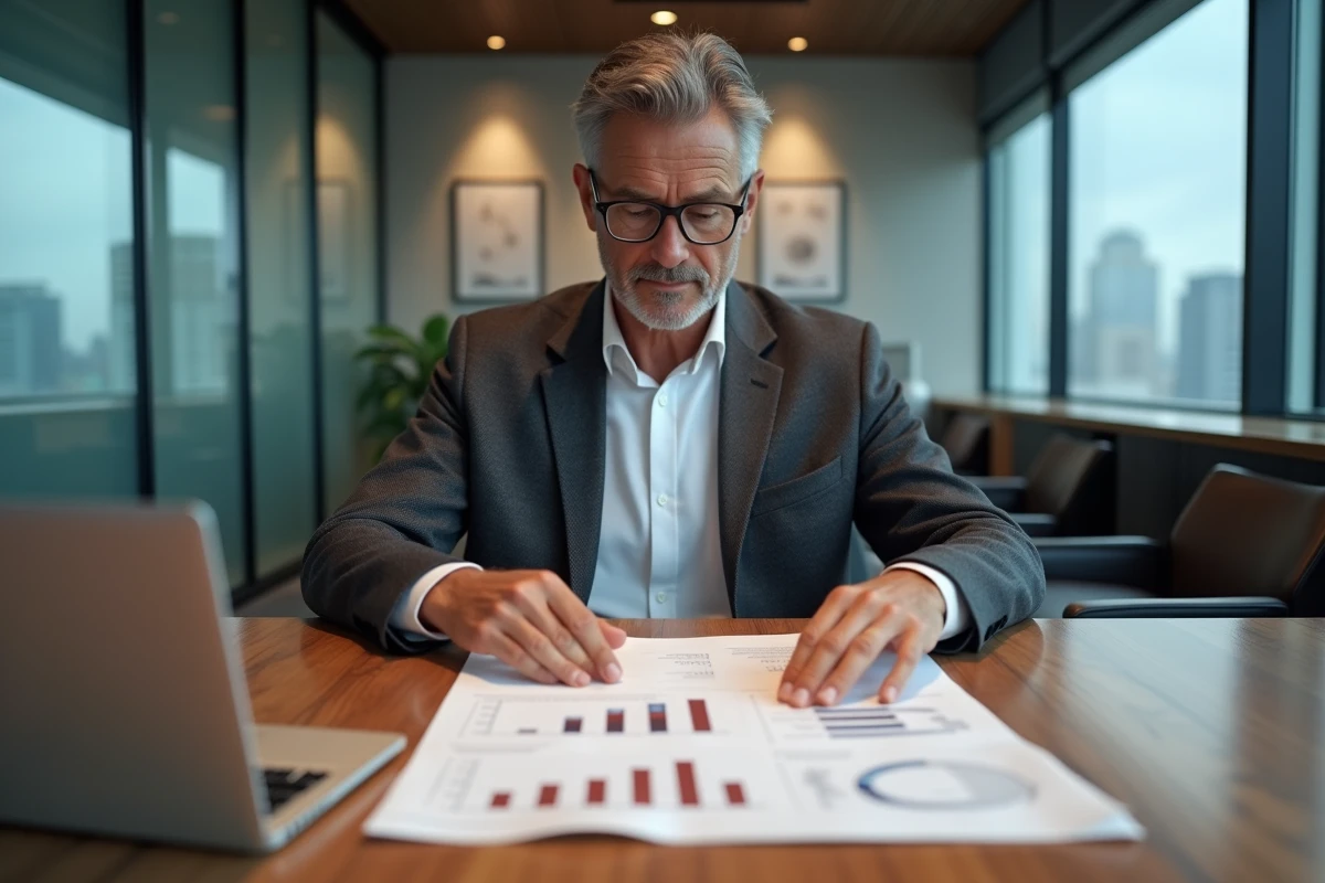 PDG de PME analysant les résultats financiers annuels et planifiant la stratégie de croissance en salle de réunion