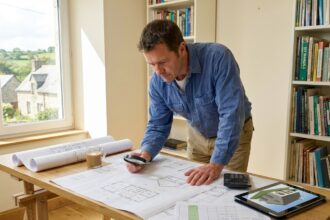 Un homme consulte des plans de maison moderne et un budget sur une table en bois avec calculatrice et design 3D dans un bureau clair en Bretagne