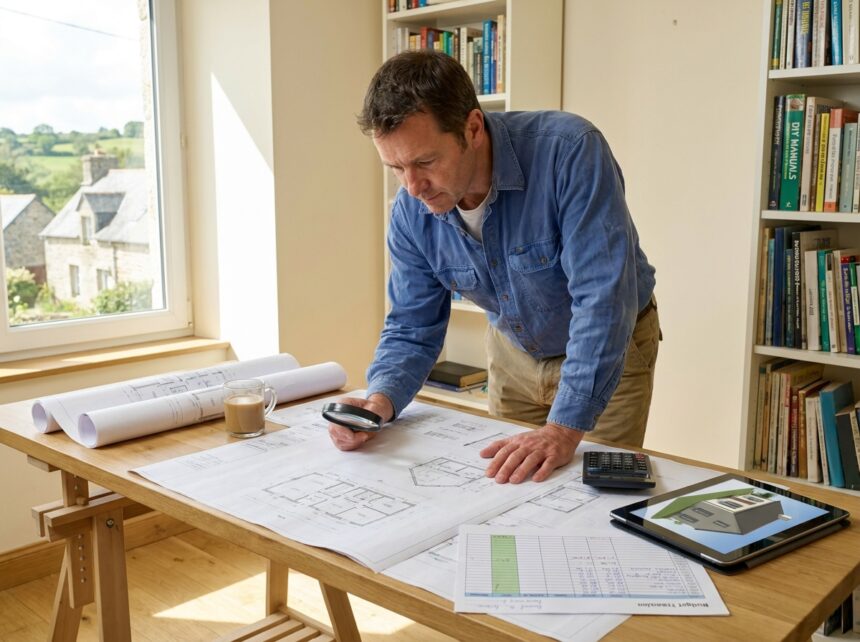 Un homme consulte des plans de maison moderne et un budget sur une table en bois avec calculatrice et design 3D dans un bureau clair en Bretagne