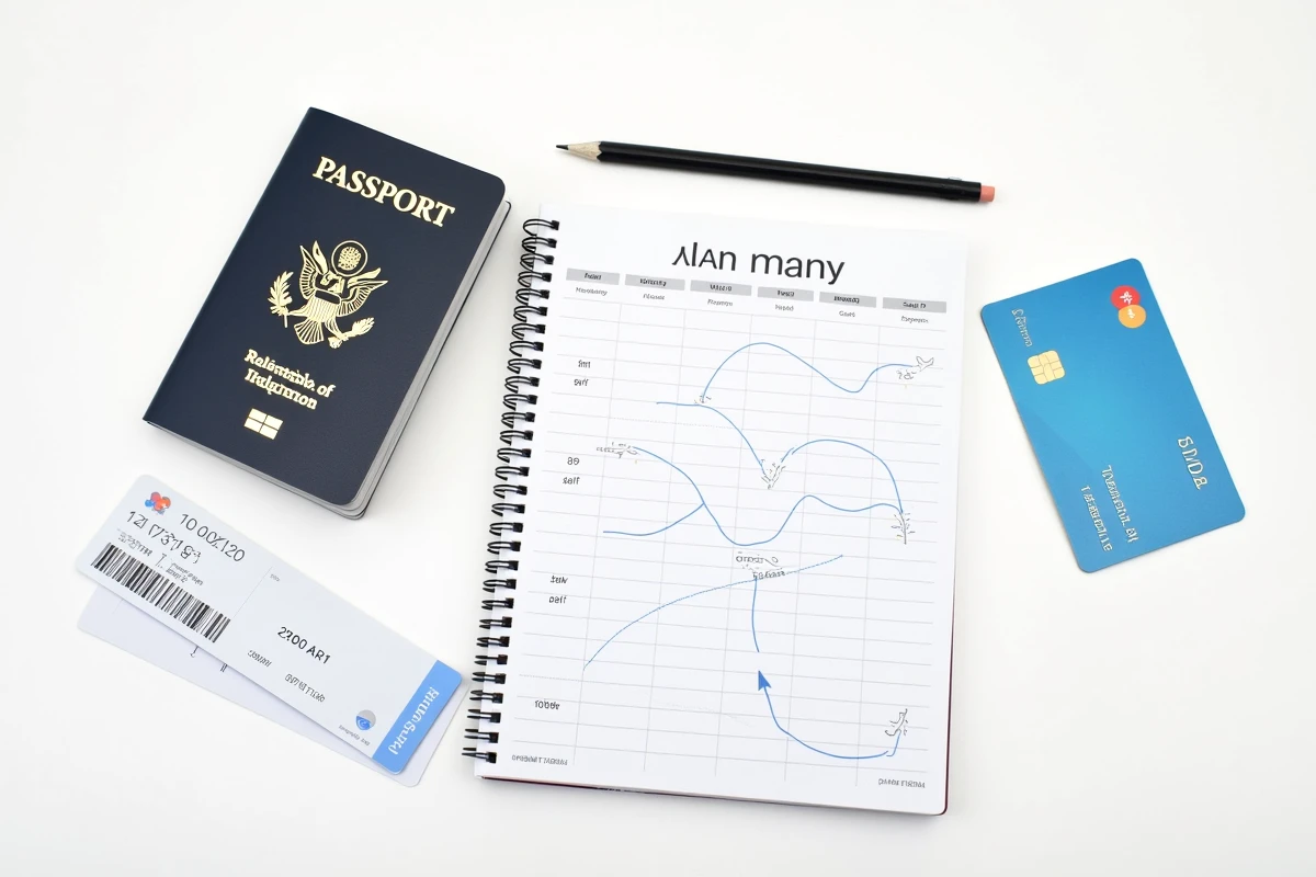 Planification budgétaire d'un vol aérien avec calendrier, passeport et notes de budget