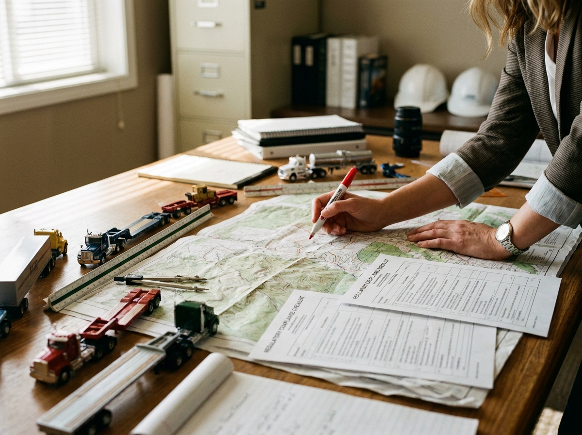 Ingénieure planifiant un itinéraire de convoi exceptionnel avec cartes topographiques et modèles de véhicules surdimensionnés