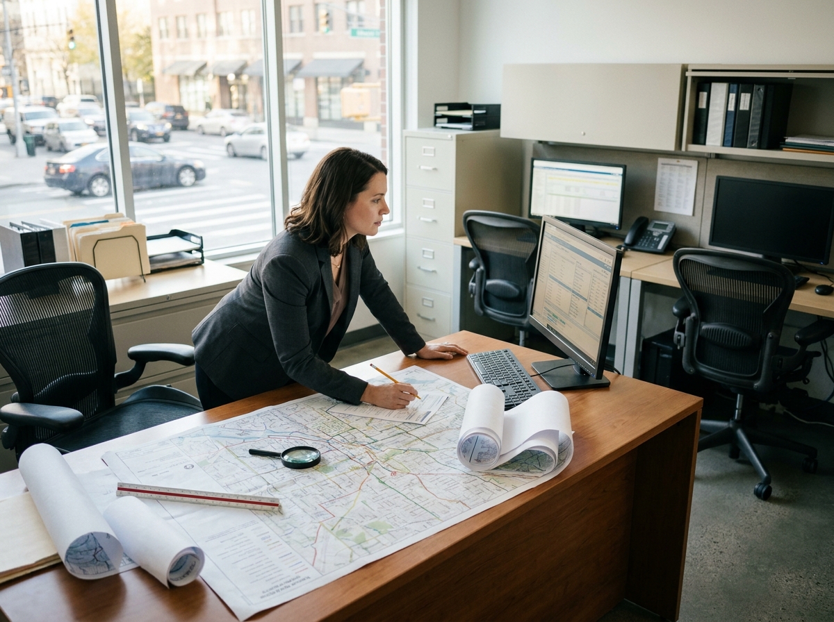 Planificatrice d'itinéraires analysant les permis et cartes de transport hors gabarit au bureau de coordination logistique