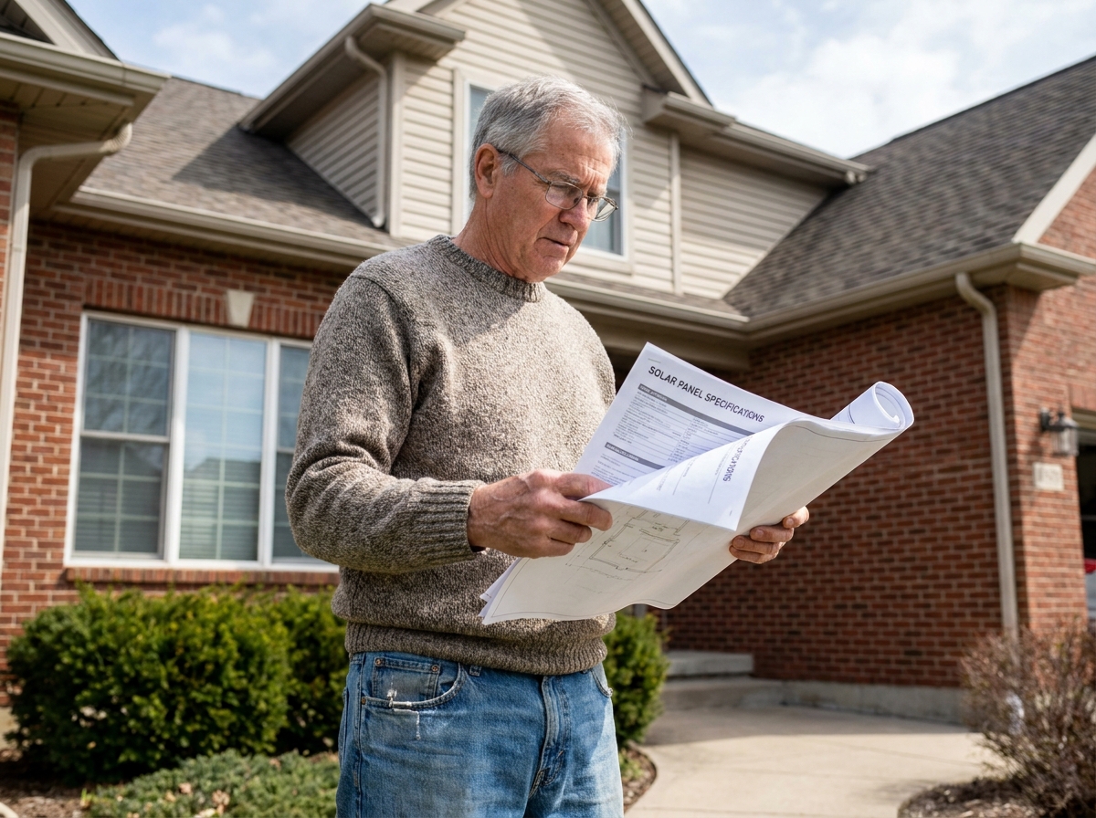 Propriétaire étudiant les plans et spécifications techniques d'installation de panneaux photovoltaïques devant sa maison