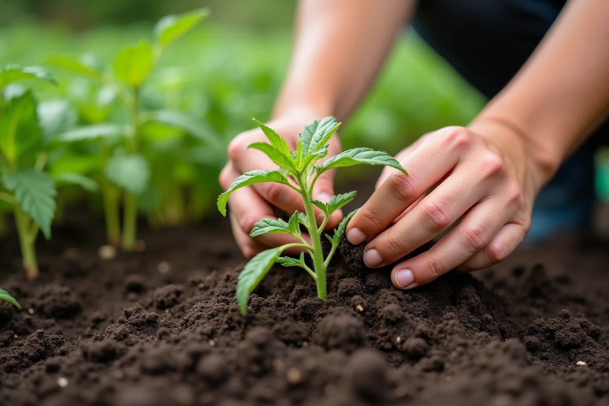 Mains de jardinier plantant des plants de tomate jeunes dans la terre riche
