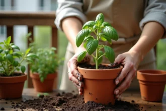 Femme plantant des semis de basilic dans des pots en terre cuite sur un balcon ensoleillé