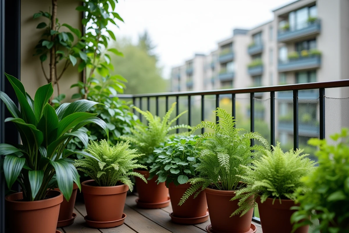Plantes vertes et fougères en pots sur un balcon exposé au nord avec lumière tamisée
