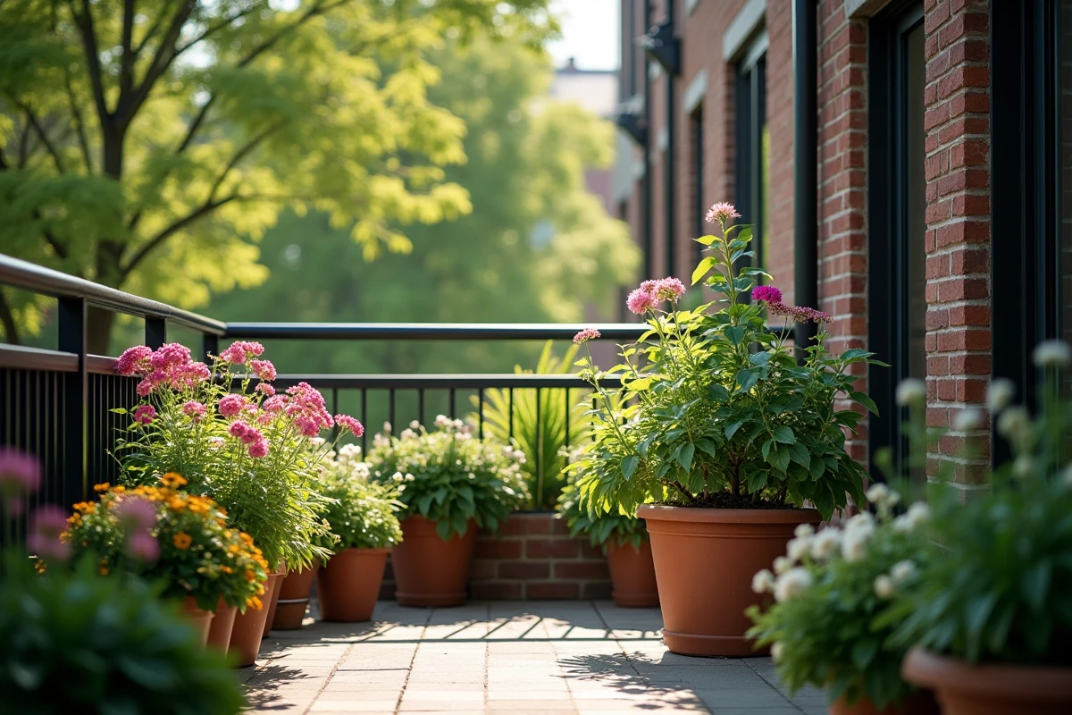 Balcon ombragé avec astilbes et hellébores en fleurs dans des contenants décorés