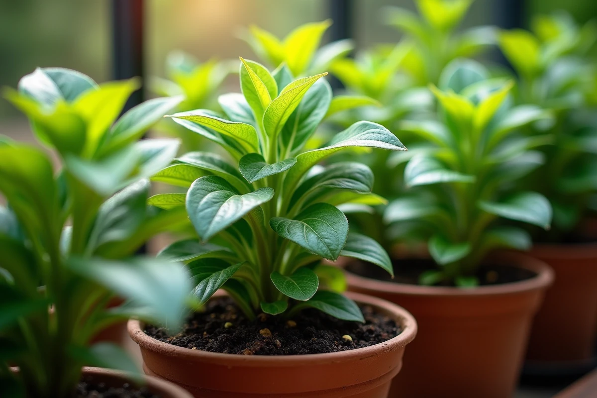 Feuilles de plantes d'ombre comme l'hosta et le lierre en pots de céramique sur balcon nord