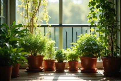 Plantes d'ombre sur balcon nord : hostas, fougères et lierre en pots décorés