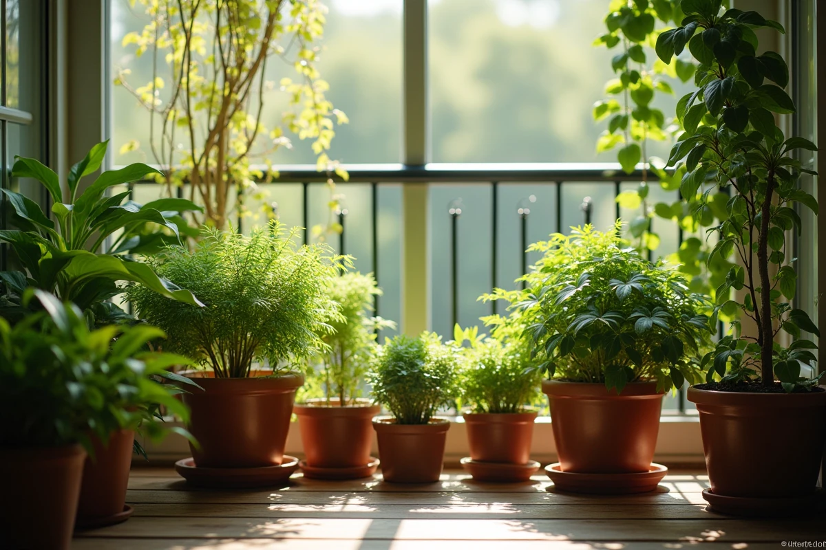 Plantes d'ombre sur balcon nord : hostas, fougères et lierre en pots décorés