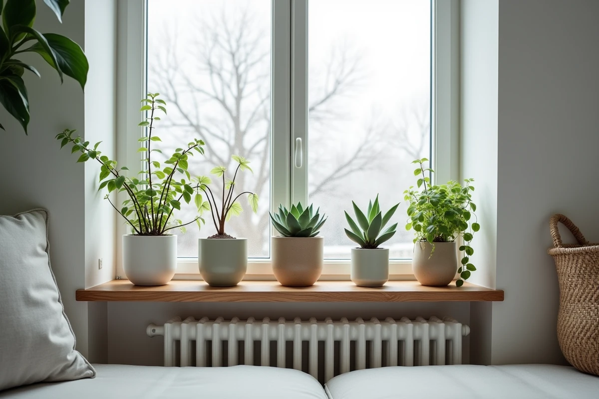 Collection de plantes succulentes sur rebord de fenêtre en hiver avec vue extérieure givrée