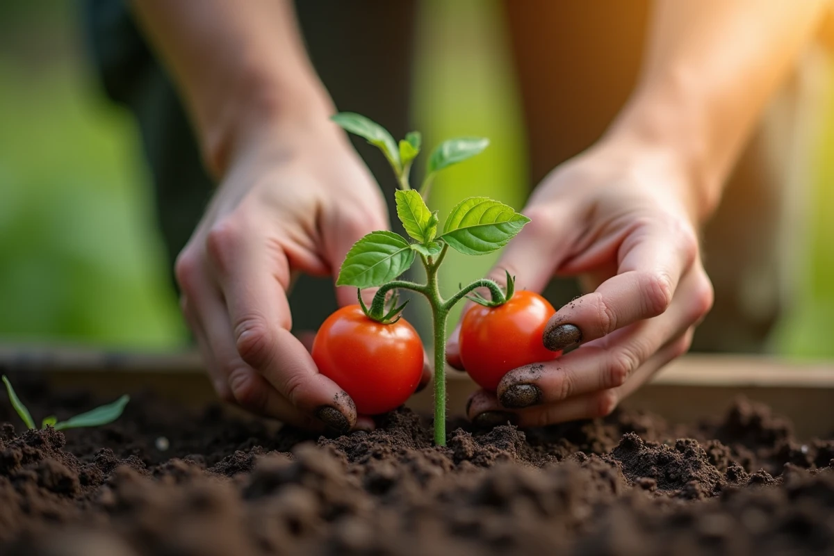 Mains de jardinier plantant un jeune plant de tomate dans la terre d'un potager
