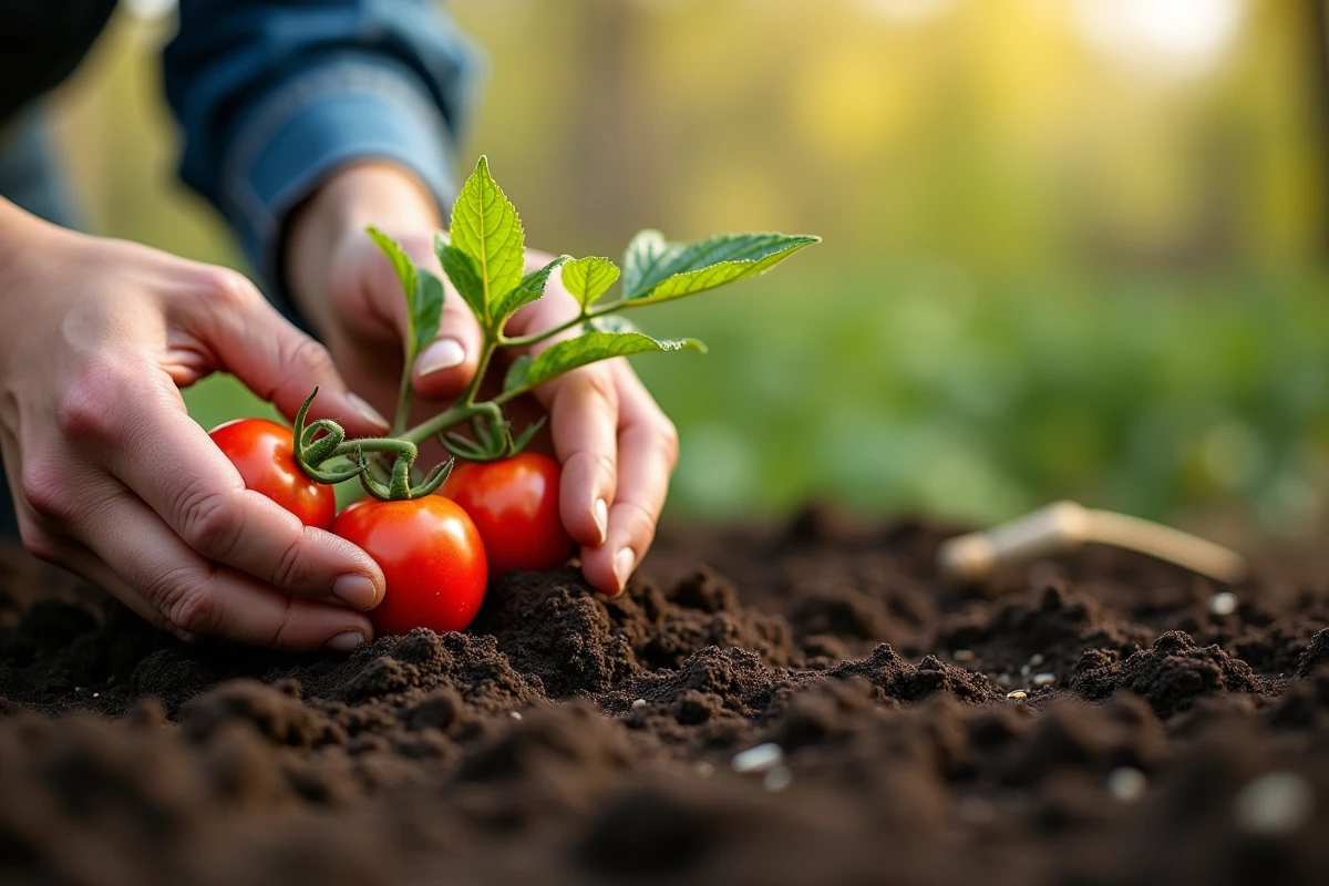 Mains d'un jardinier plantant un jeune plant de tomate dans la terre