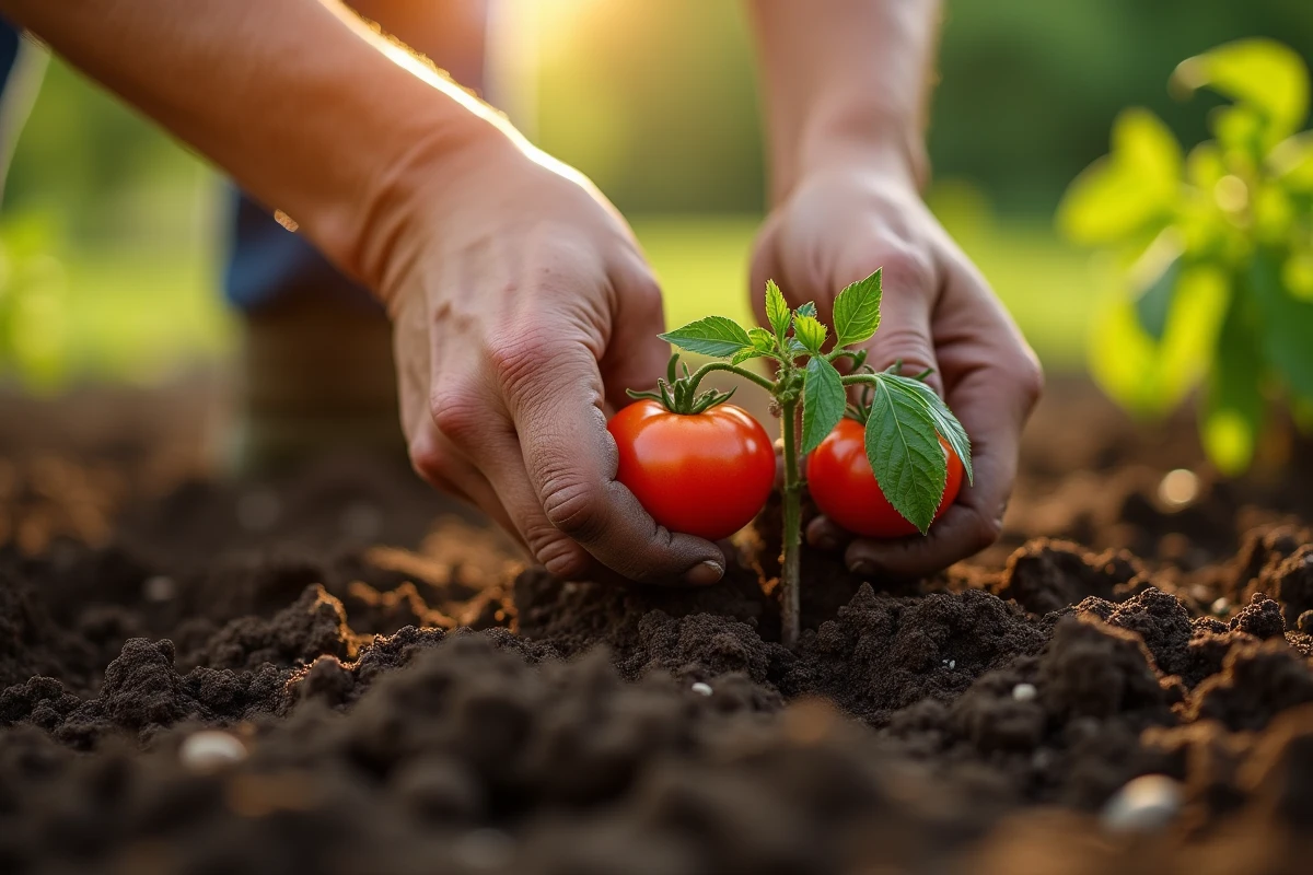 Mains de jardinier plantant un jeune plant de tomate dans la terre