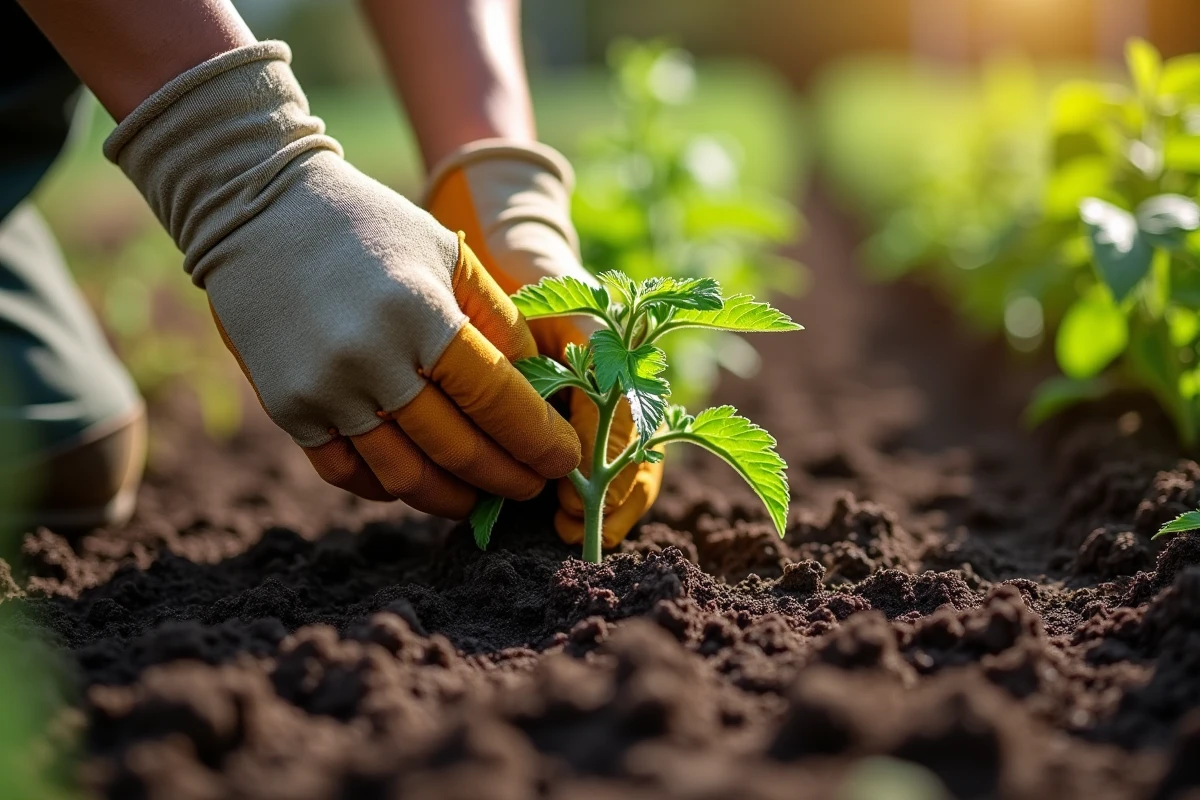 Mains d'un jardinier plantant une jeune tomate dans la terre du potager
