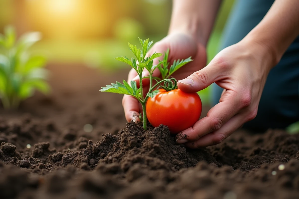Mains d'un jardinier plantant un jeune plant de tomate en terre