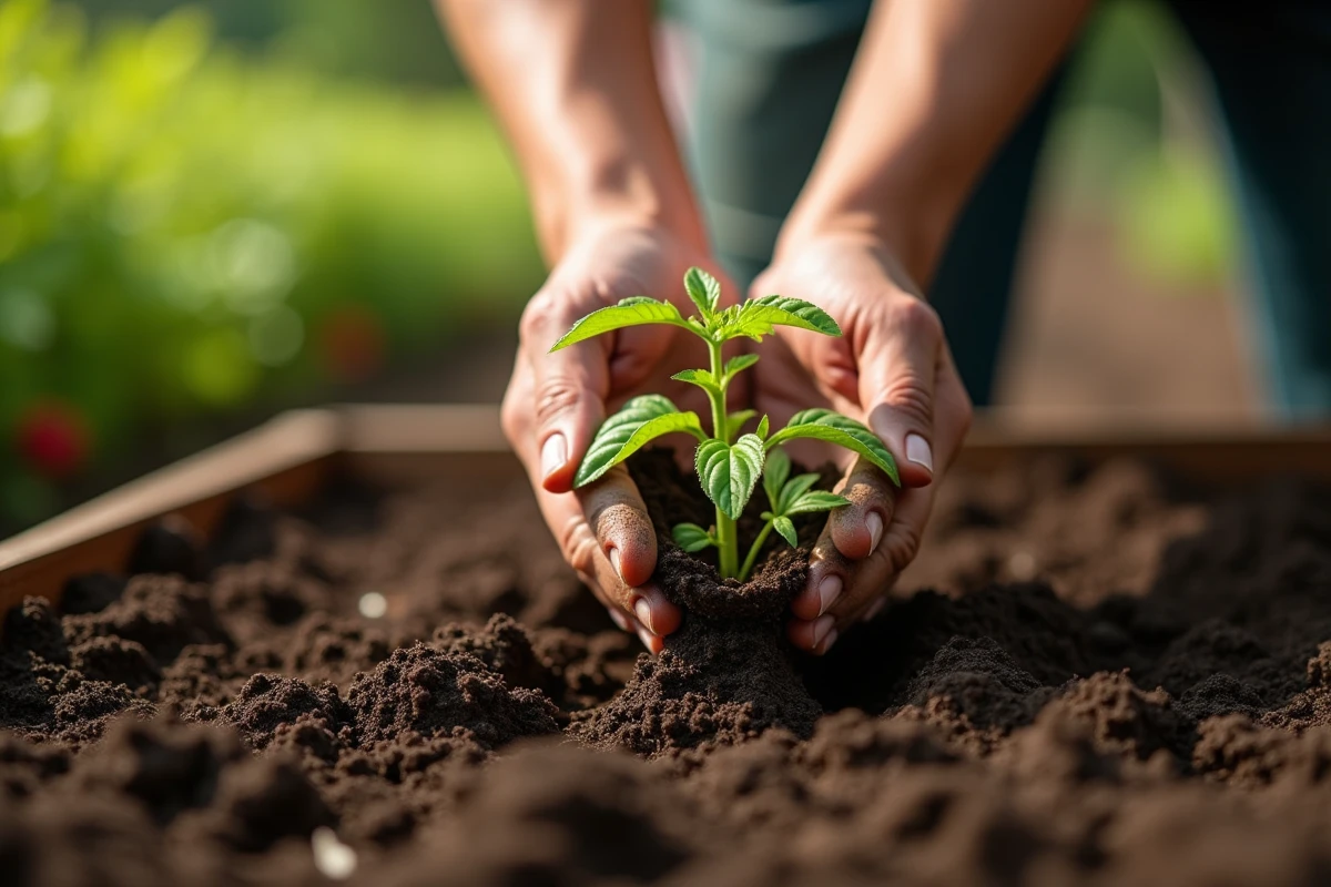 Plantation d'un plant de tomate en terre dans un jardin potager biologique