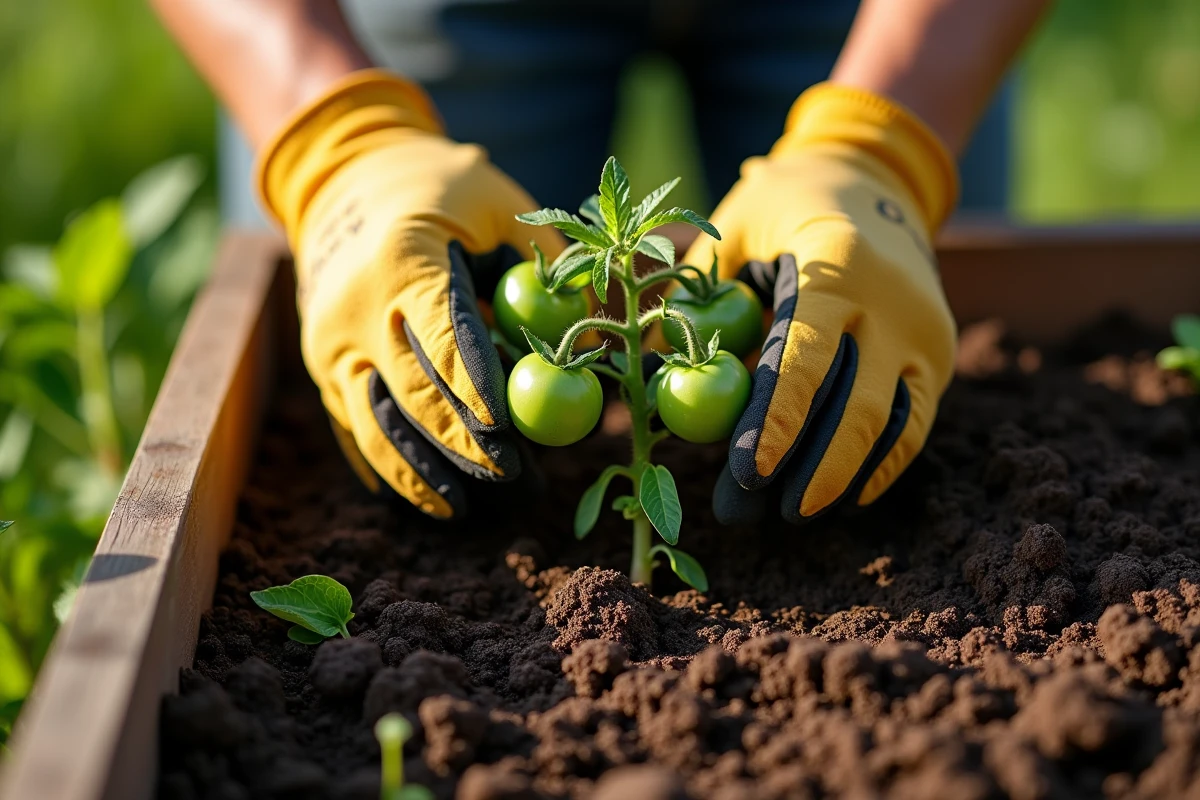 Mains d'un jardinier plantant un semis de tomate dans un lit surélevé avec terre fertile