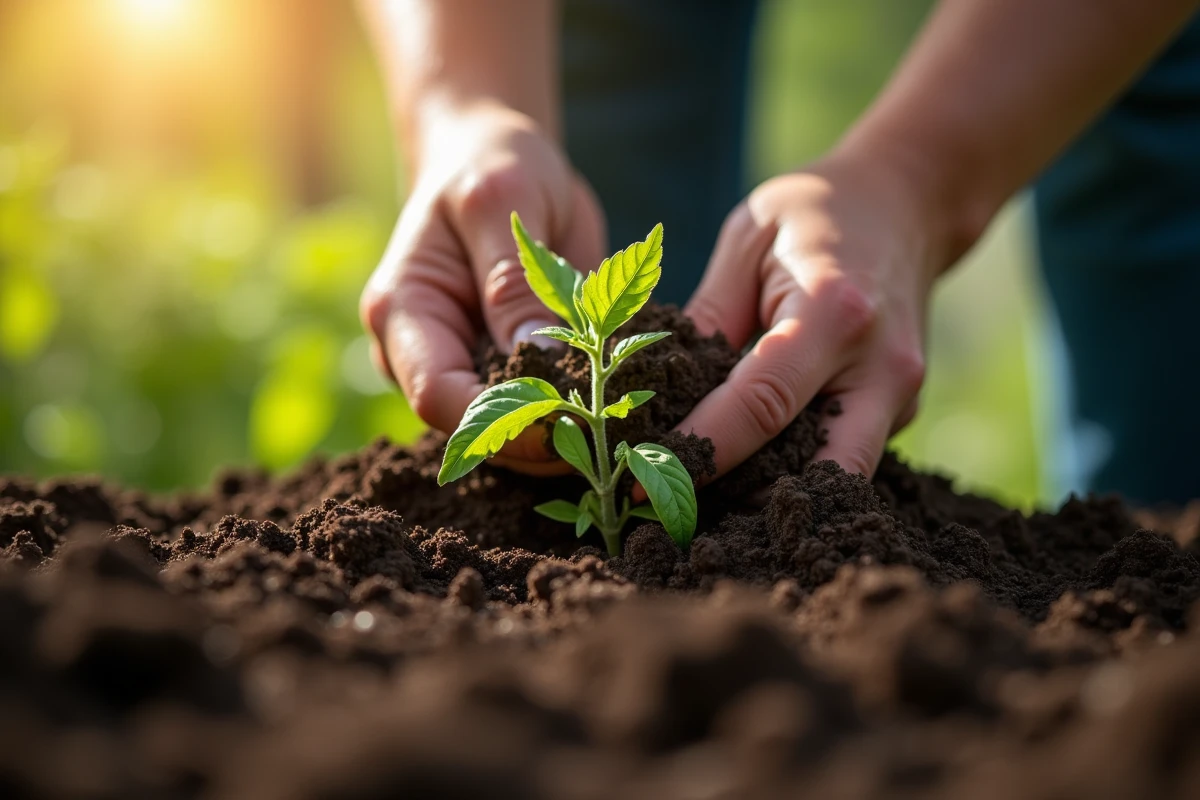 Mains de jardinier plantant un jeune plant de tomate dans un sol riche et fertile