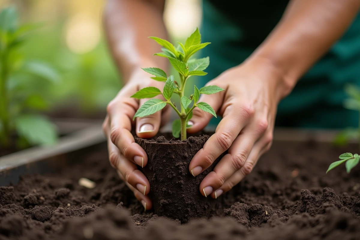 Mains de jardinier plantant un plant de tomate dans la terre