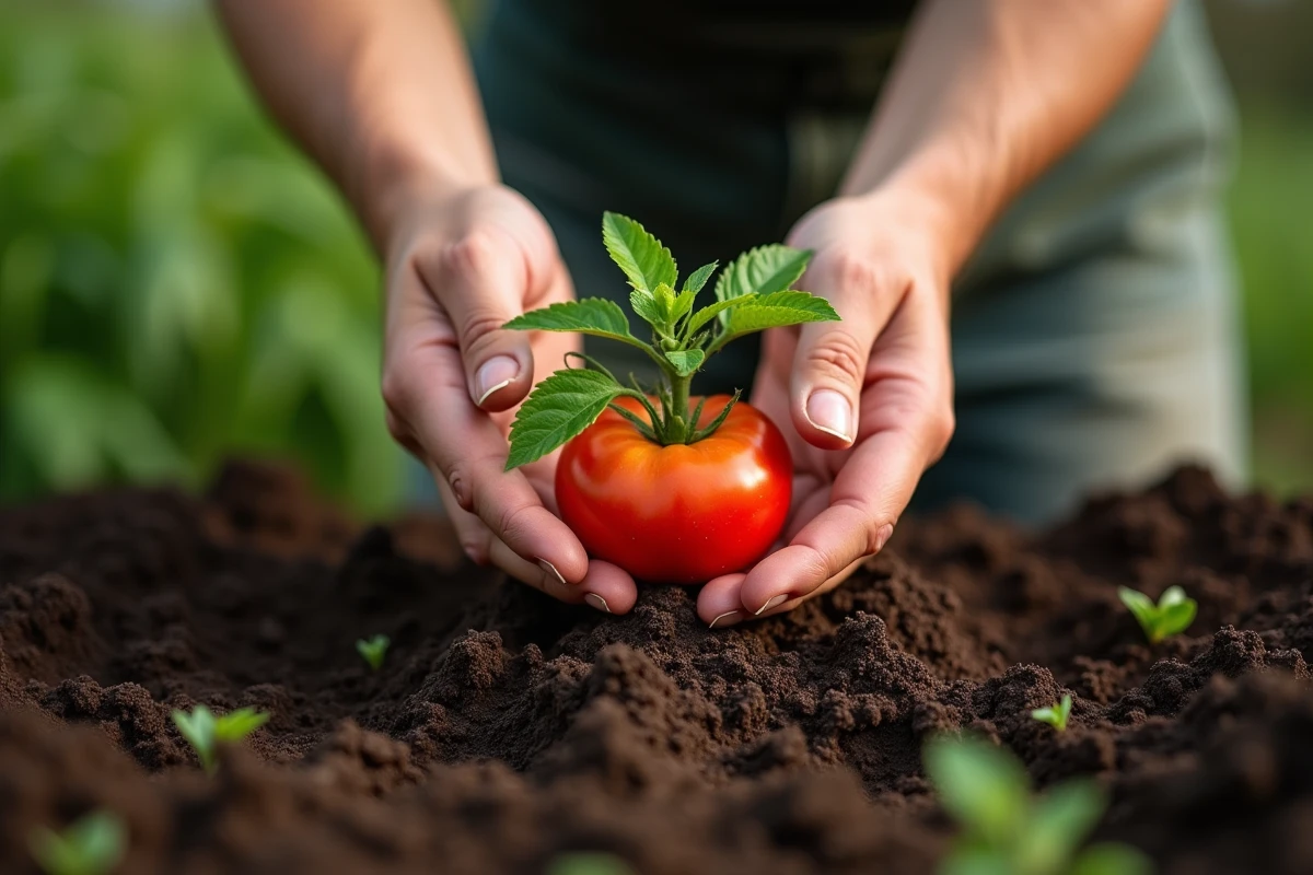 Mains d'un jardinier plantant un plant de tomate dans la terre du potager