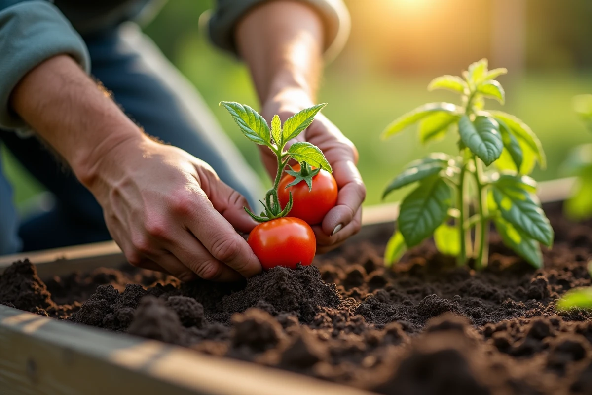 Mains de jardinier plantant un plant de tomate en terre