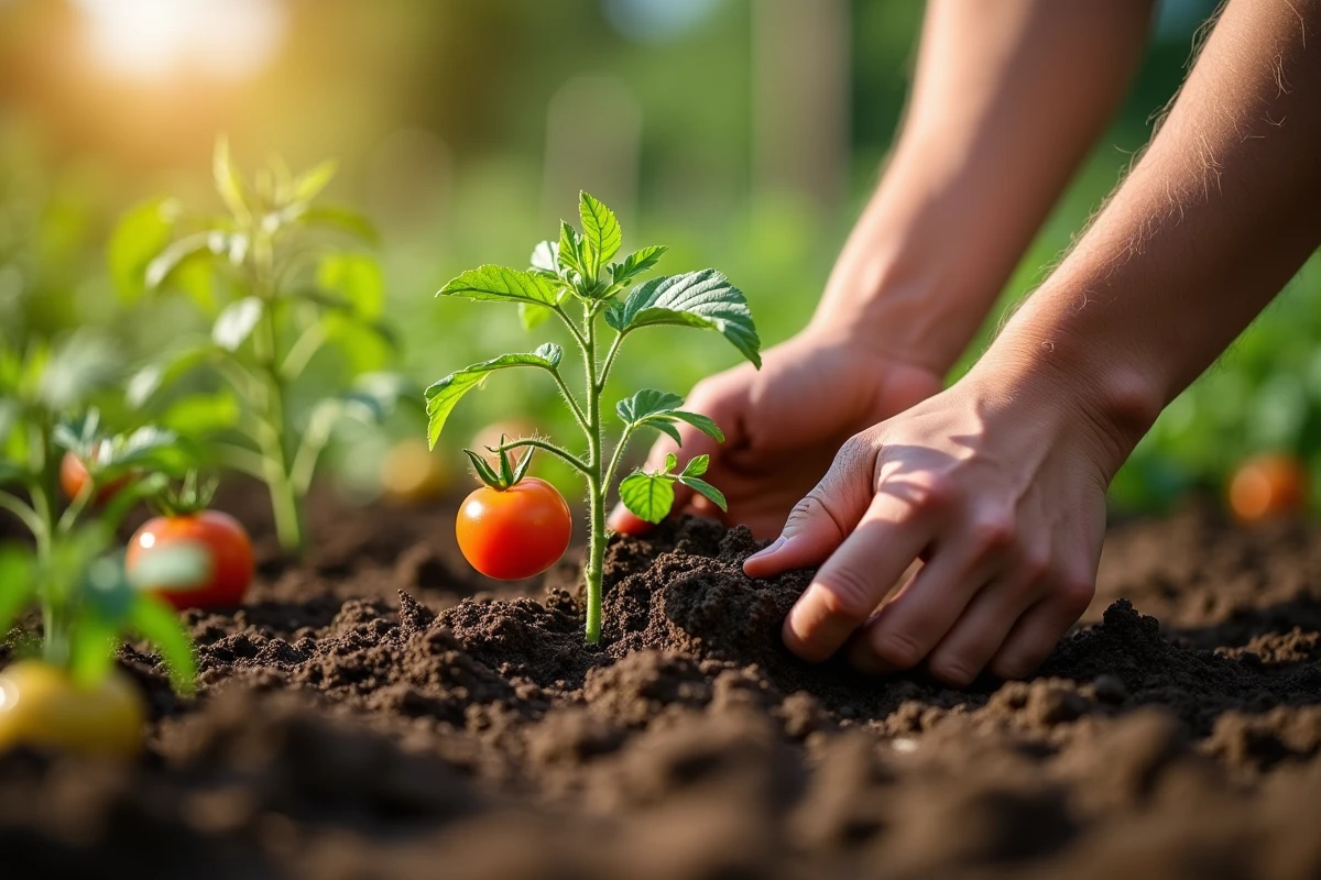 Mains de jardinier plantant des plants de tomates en terre enrichie