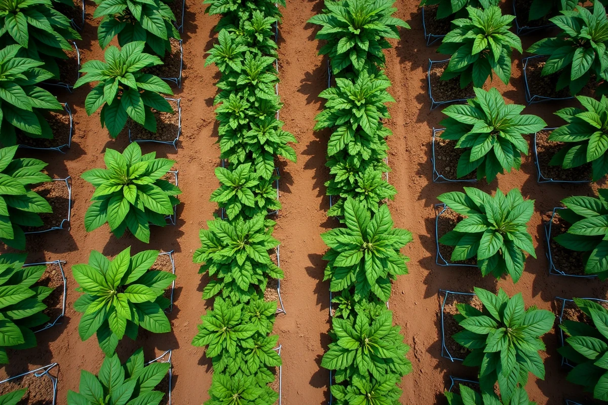 Vue aérienne de plants de tomates tuteurés dans jardin potager organisé