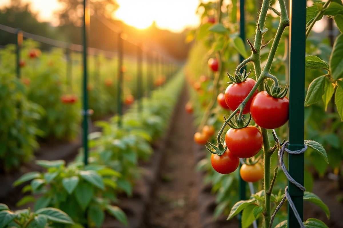 Rangée de plants de tomates en tuteurs dans un jardin productif