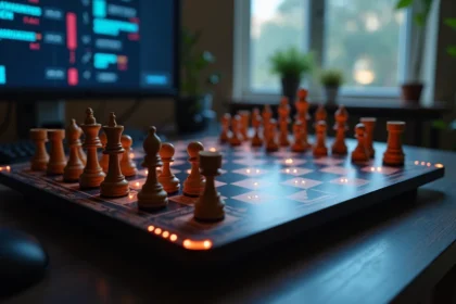 Plateau d'échecs électronique professionnel avec échiquier illuminé et pièces en bois, affichage numérique des coups