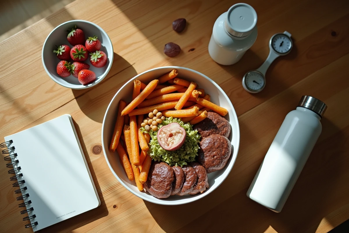 Plateau de préparation des repas pour le jeûne intermittent avec aliments sains et bouteille d'eau
