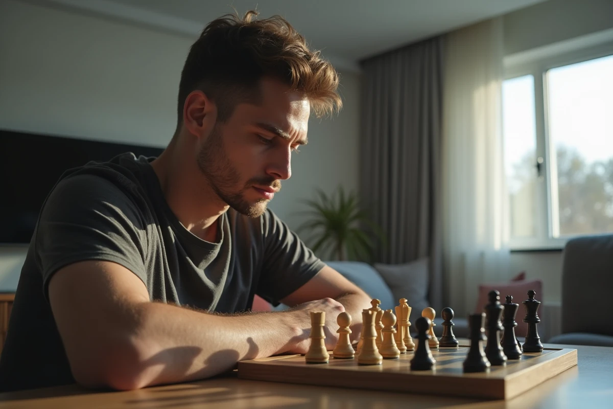 Joueur d'échecs en concentration jouant contre un ordinateur d'échecs électronique en intérieur