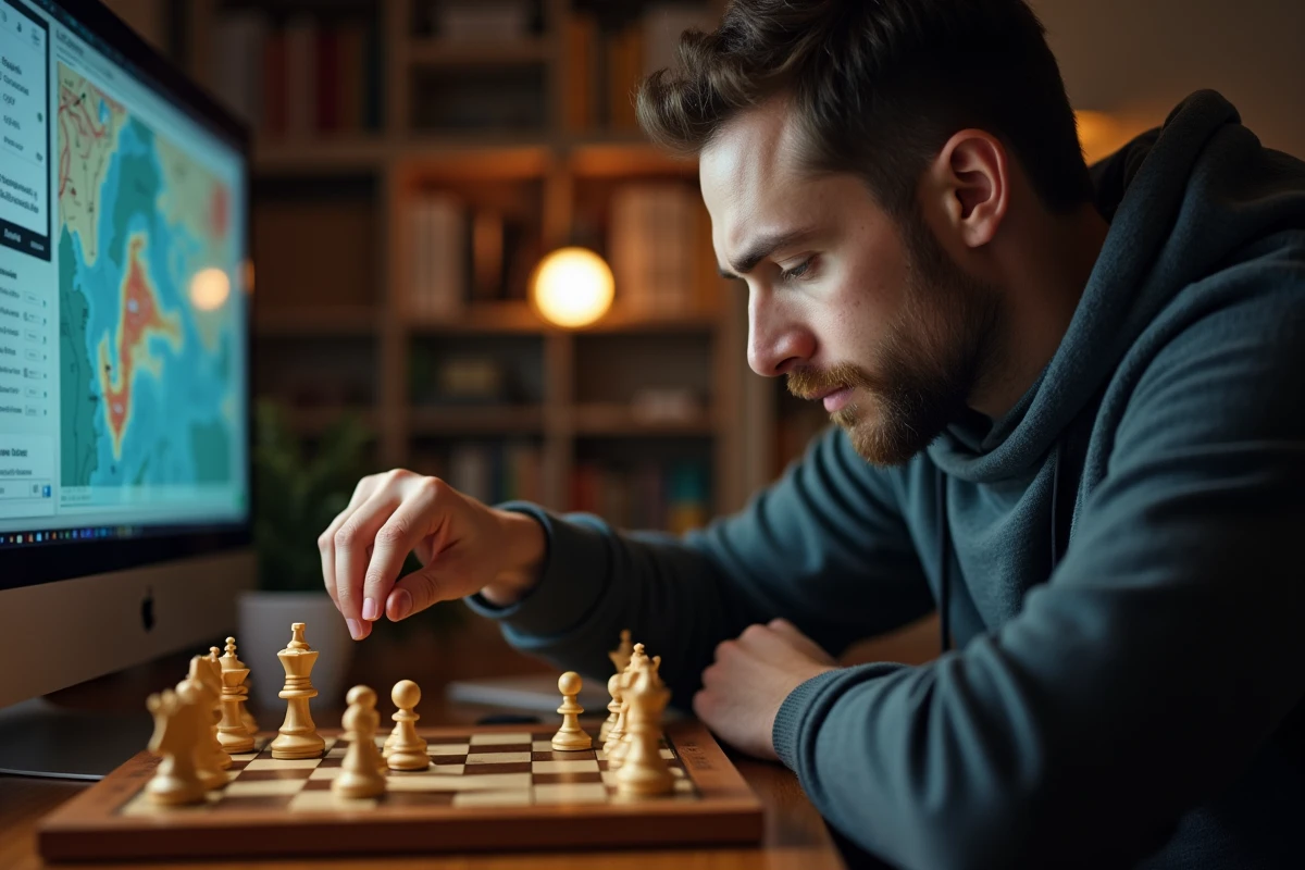Joueur passionné concentré sur un jeu d'échecs électronique en position de jeu