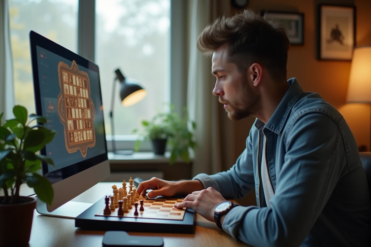 Joueur d'échecs concentré jouant sur un jeu d'échecs électronique dans son environnement personnel