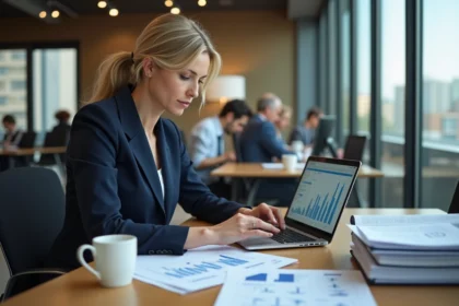 Dirigeante de PME analysant des données financières structurées dans un bureau moderne pour améliorer la prise de décision