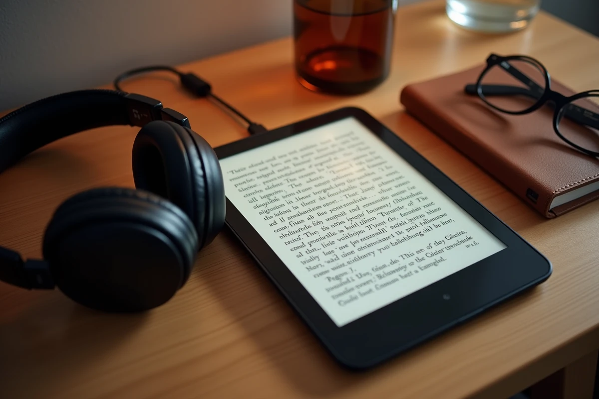 Une liseuse PocketBook InkPad 4 grand format posée sur une table de nuit avec un casque audio branché