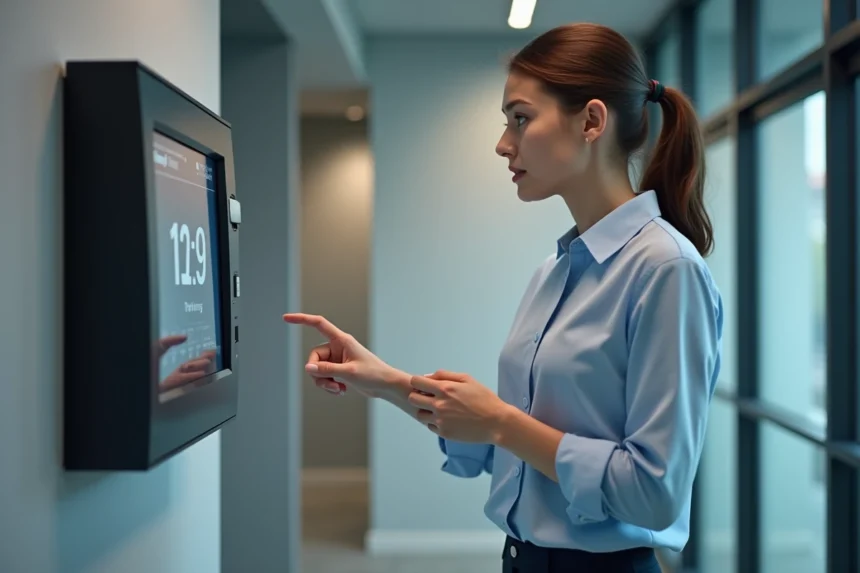 Employée utilisant un système pointeuse horaire biométrique moderne dans un couloir de bureau professionnel